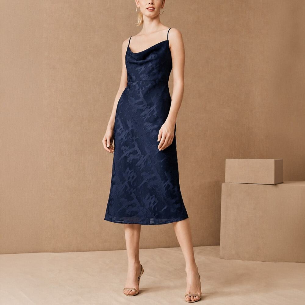 Hutch Kinsey Navy Satin Burnout Cowl Neck Midi Slip Dress Size 16
